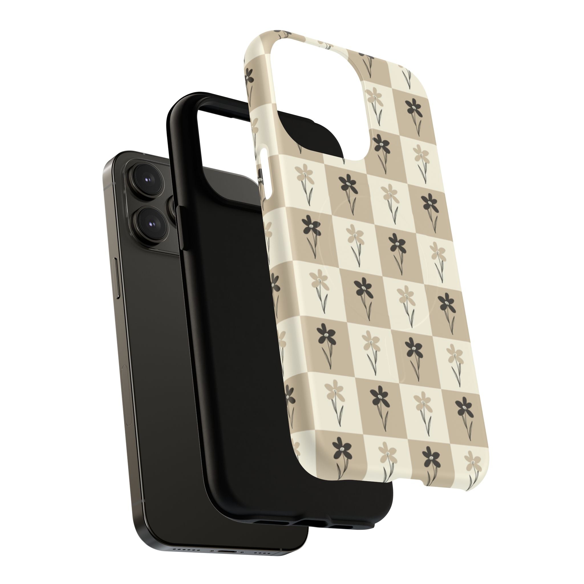 Floral Checkered Tough Magnetic Phone Case — Beige Vintage Flower Grid