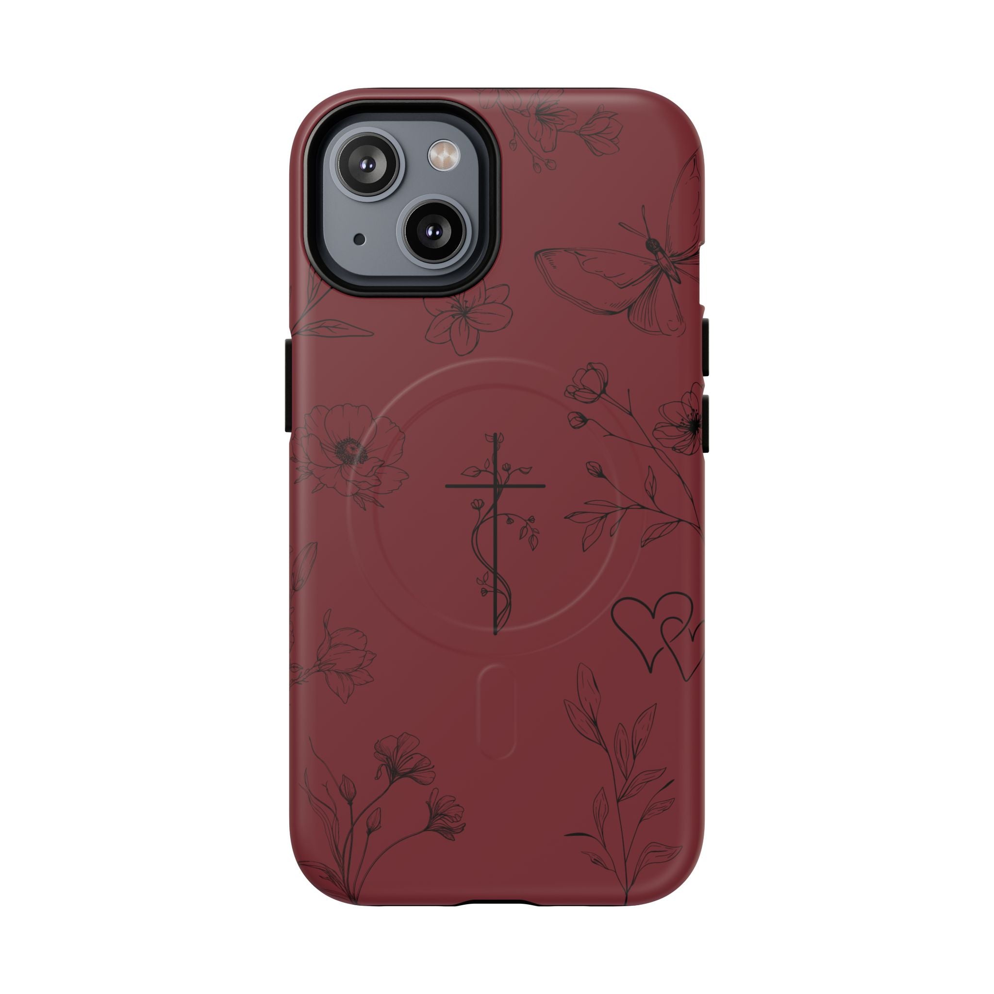 Floral Cross Tough Magnetic Phone Case — Burgundy Protective Cover