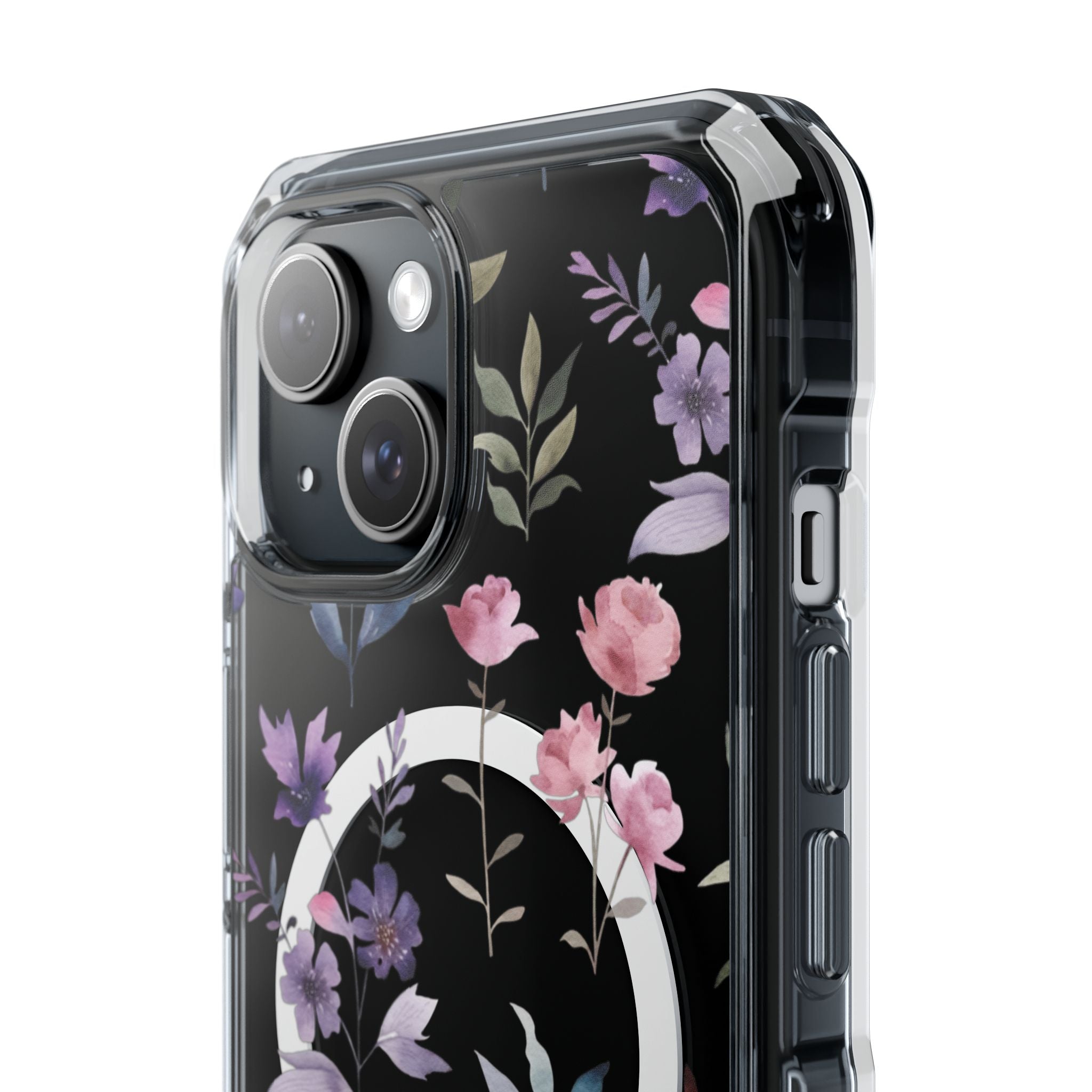Clear Magnetic Phone Case – Floral Black MagSafe-Compatible Protective Cover