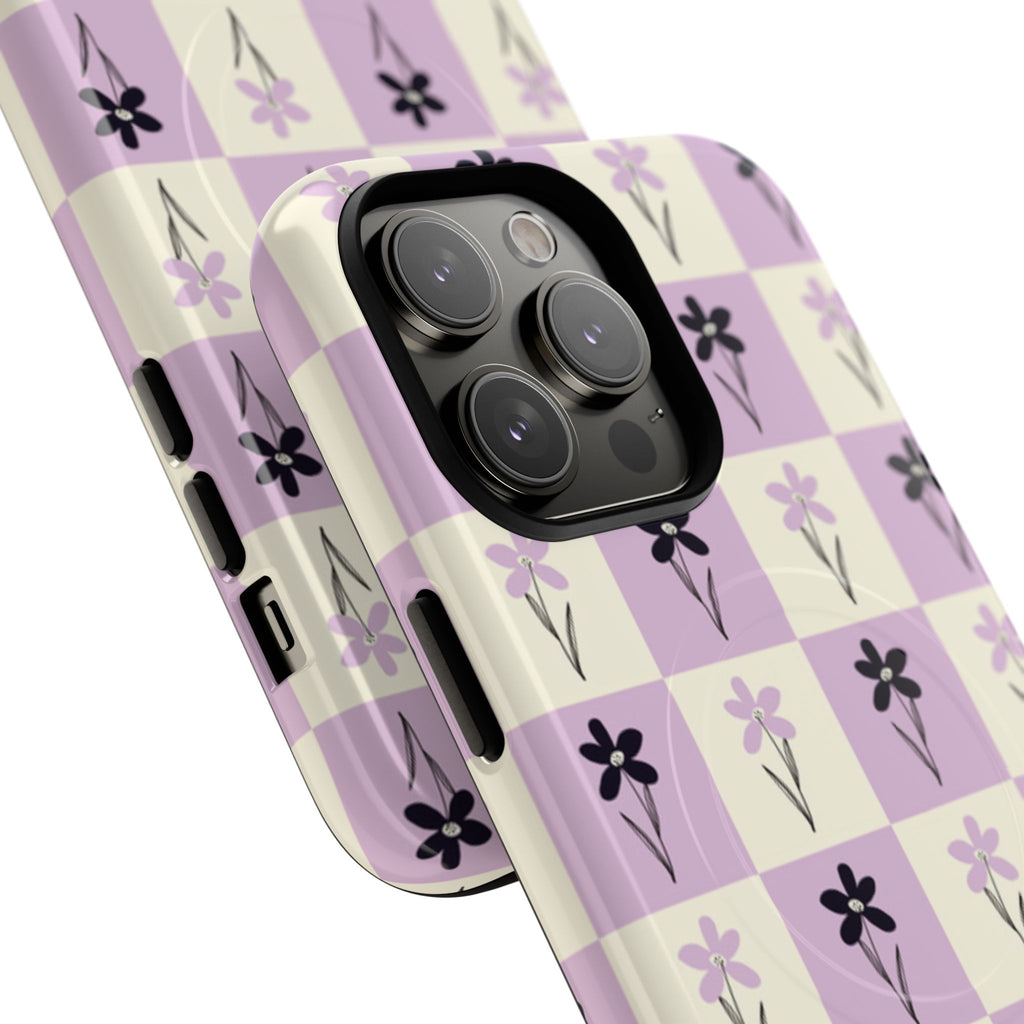 Floral Check Pattern Tough Magnetic Phone Case — Lavender Retro Grid