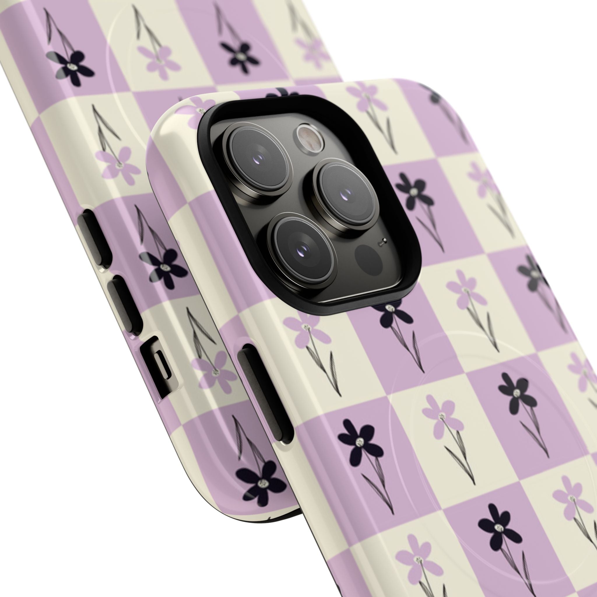 Floral Check Pattern Tough Magnetic Phone Case — Lavender Retro Grid