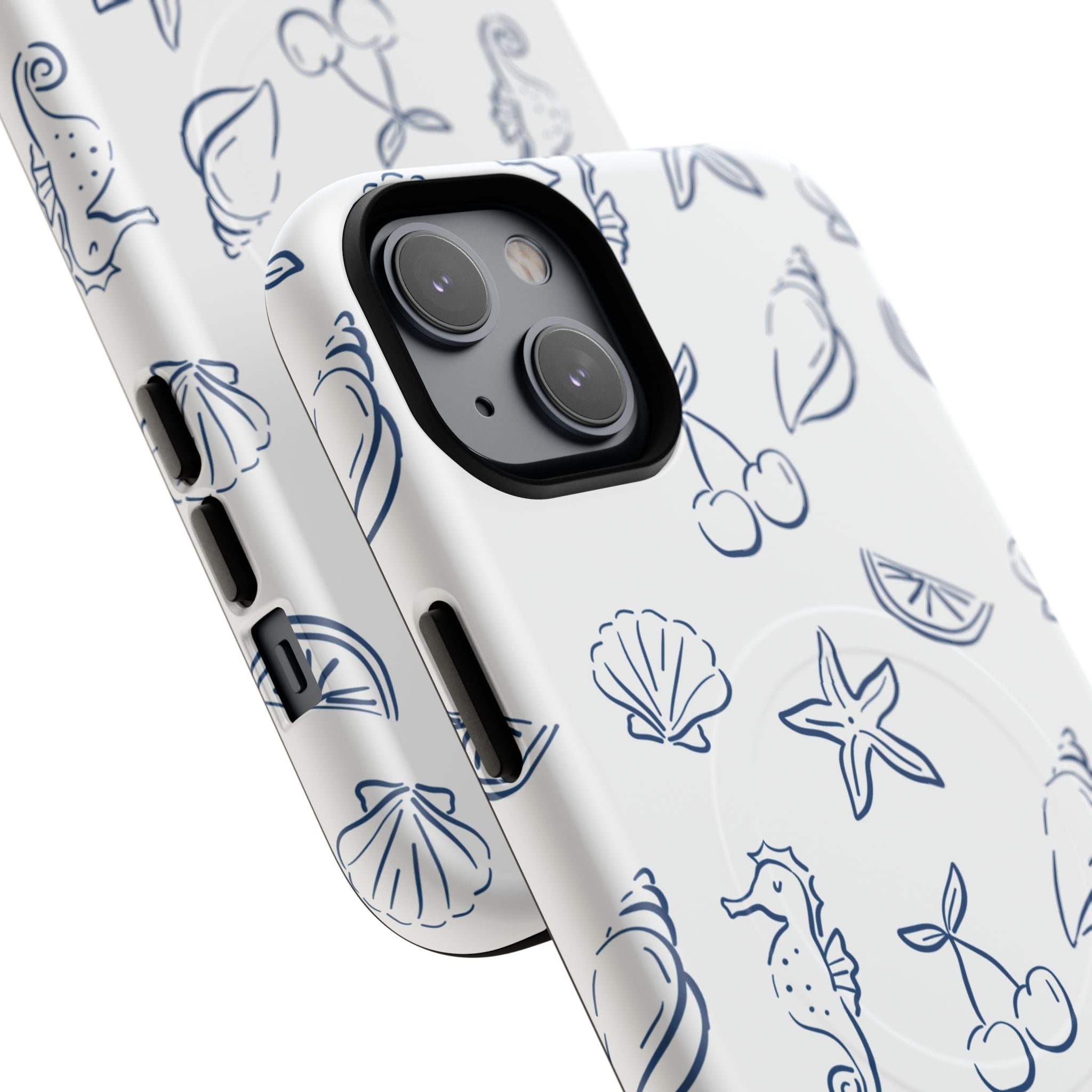 Nautical Sketch Magnetic Phone Case — Seahorse & Seashell Pattern