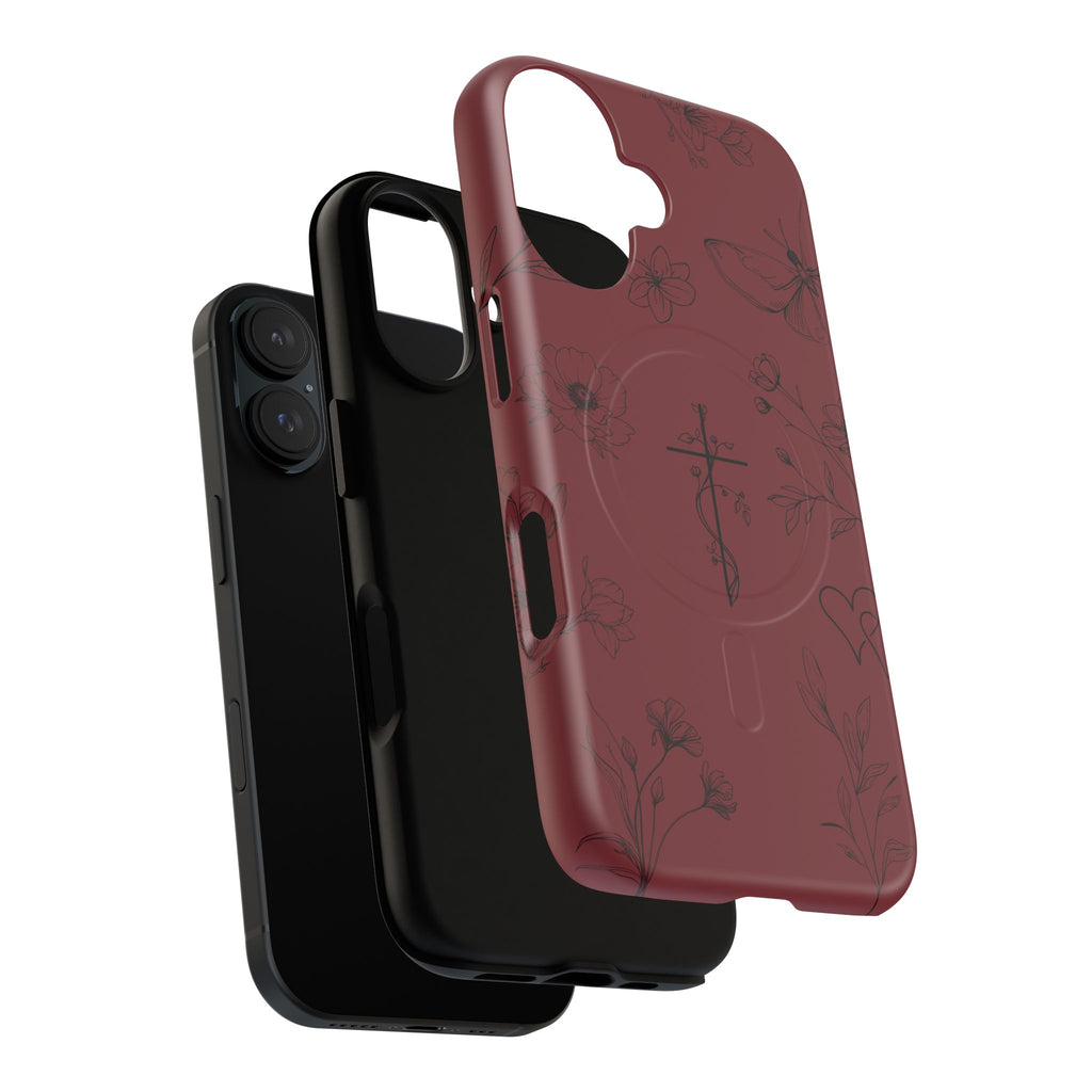 Floral Cross Tough Magnetic Phone Case — Burgundy Protective Cover