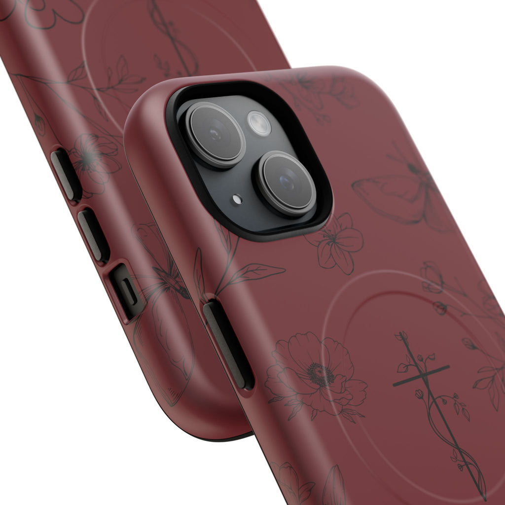Floral Cross Tough Magnetic Phone Case — Burgundy Protective Cover