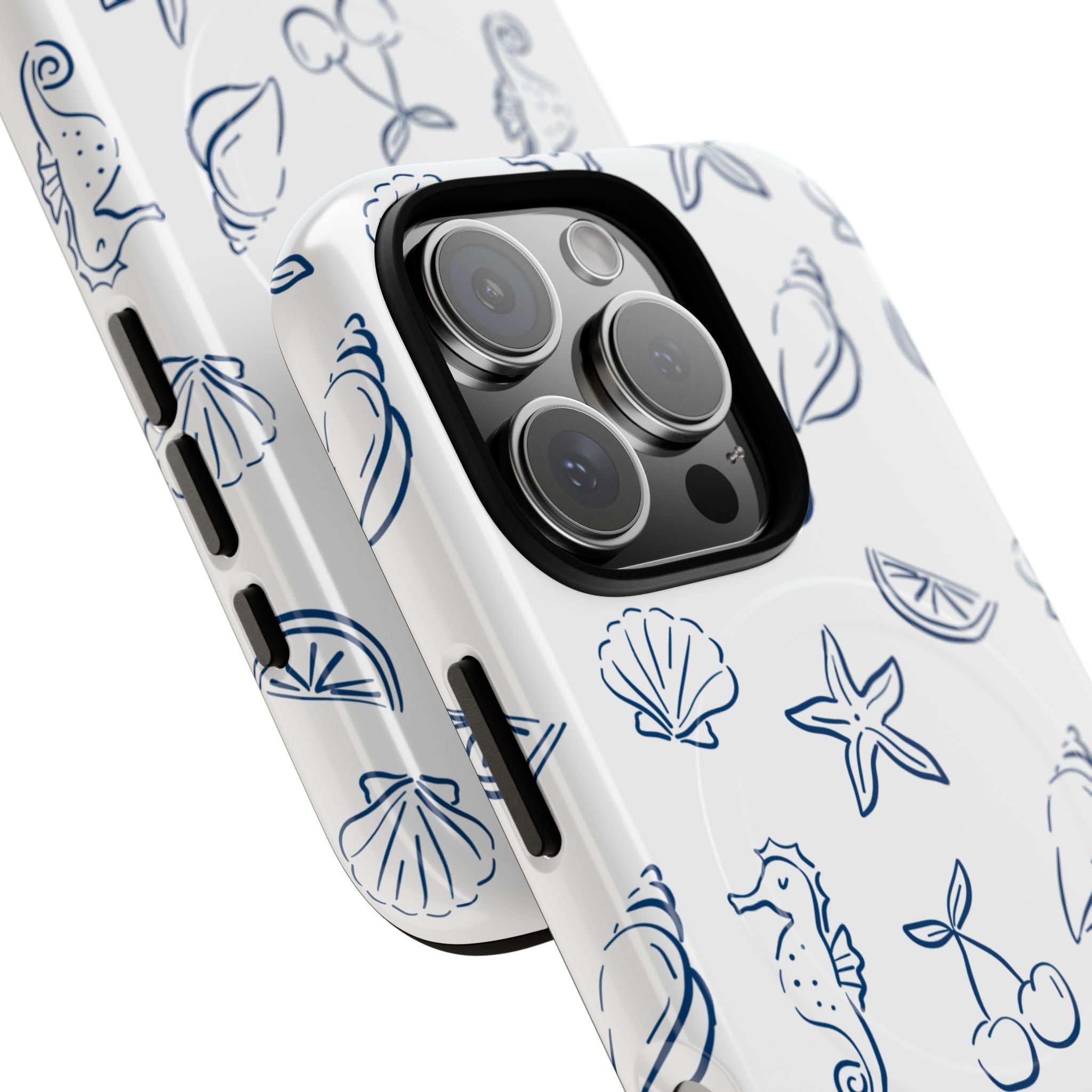 Nautical Sketch Magnetic Phone Case — Seahorse & Seashell Pattern