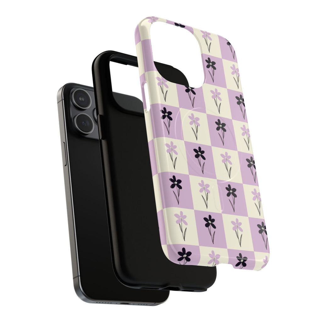 Floral Check Pattern Tough Magnetic Phone Case — Lavender Retro Grid