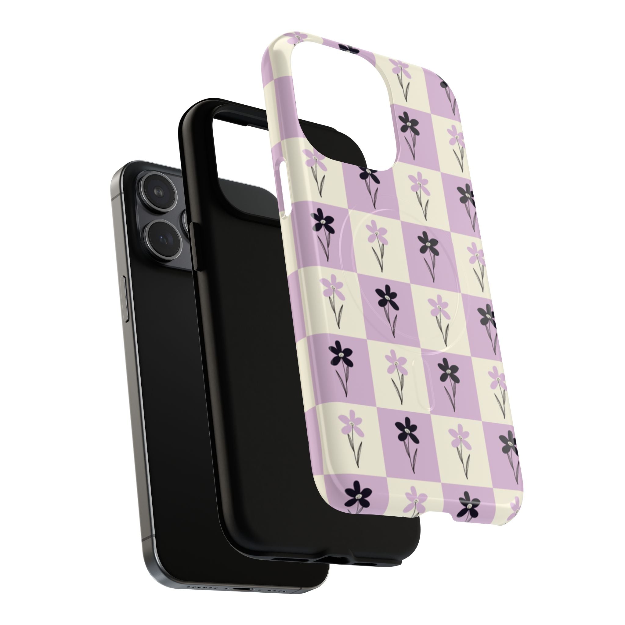 Floral Check Pattern Tough Magnetic Phone Case — Lavender Retro Grid