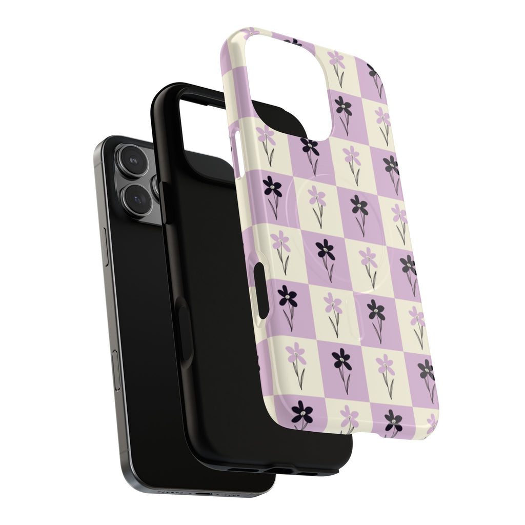 Floral Check Pattern Tough Magnetic Phone Case — Lavender Retro Grid
