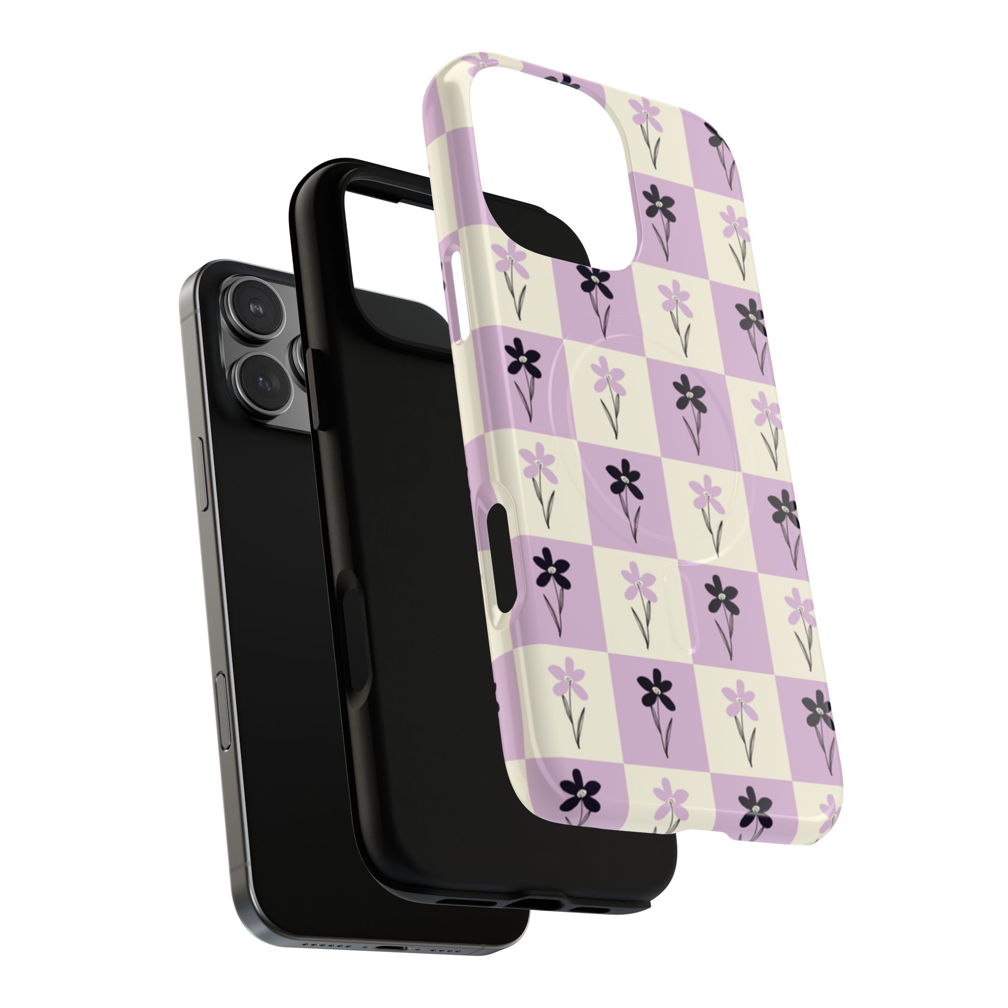 Floral Check Pattern Tough Magnetic Phone Case — Lavender Retro Grid