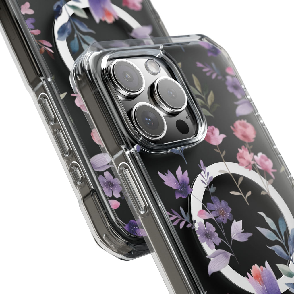 Clear Magnetic Phone Case – Floral Black MagSafe-Compatible Protective Cover