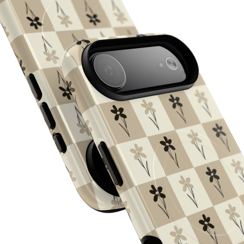 Floral Checkered Tough Magnetic Phone Case — Beige Vintage Flower Grid