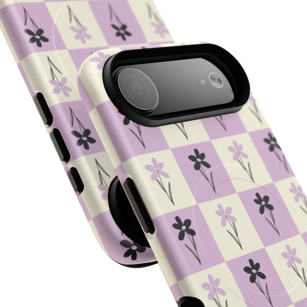 Floral Check Pattern Tough Magnetic Phone Case — Lavender Retro Grid