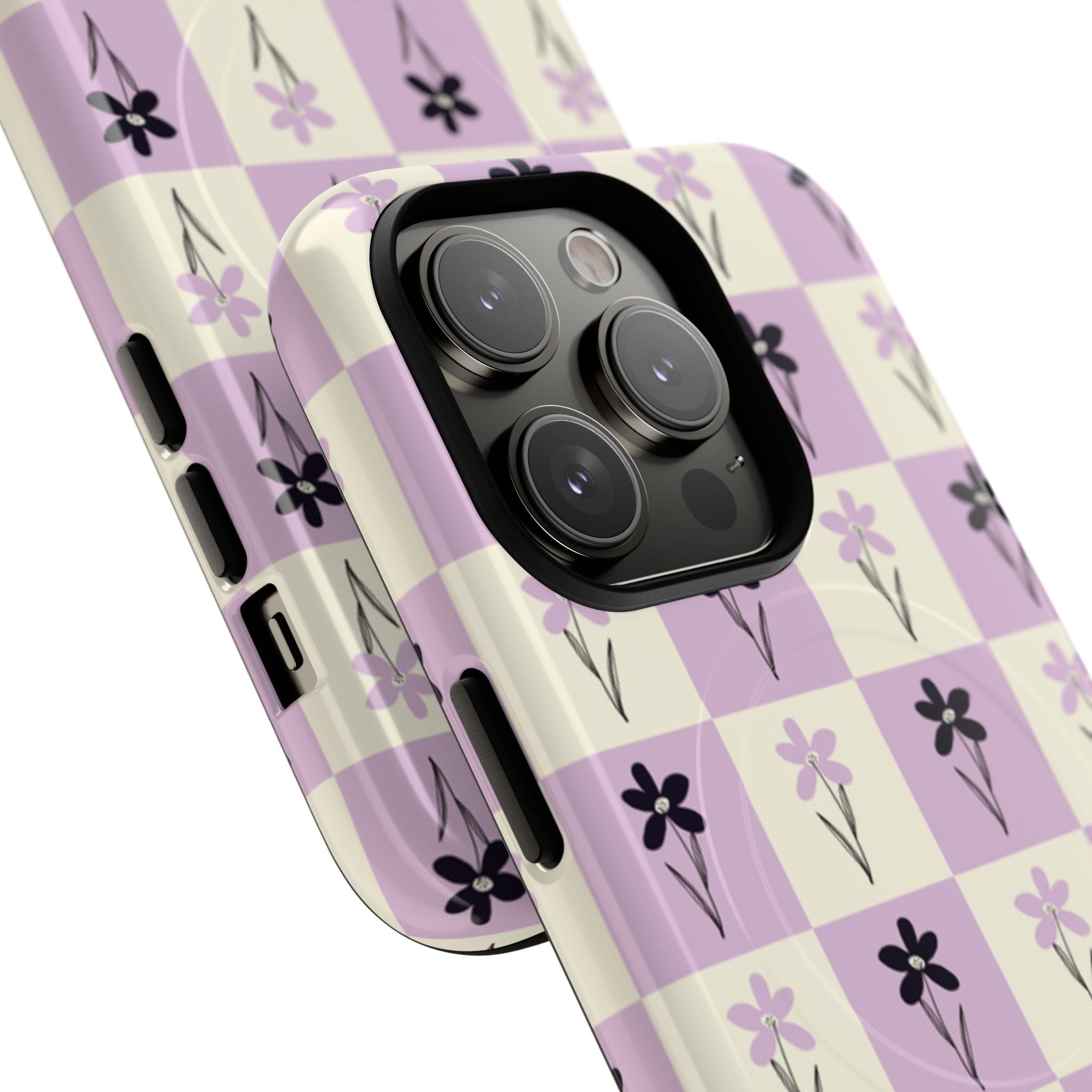 Floral Check Pattern Tough Magnetic Phone Case — Lavender Retro Grid
