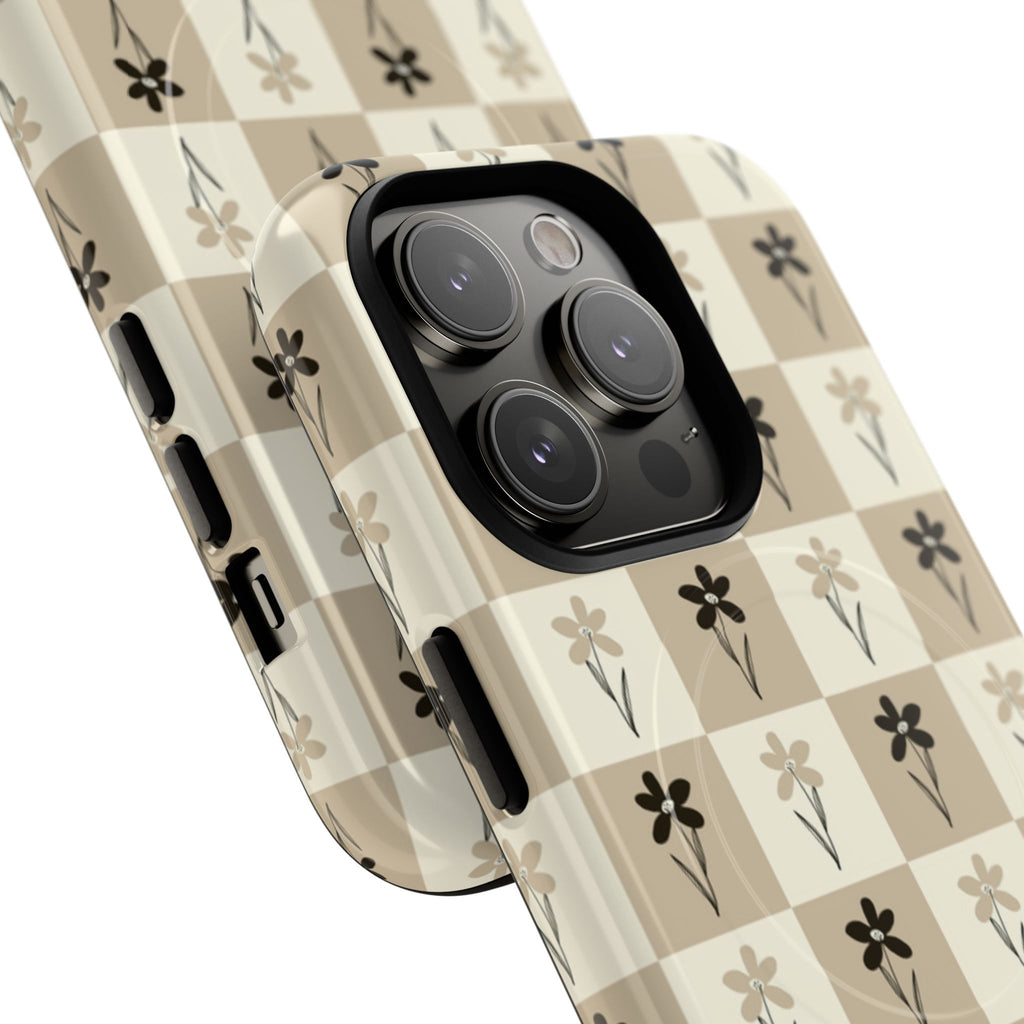 Floral Checkered Tough Magnetic Phone Case — Beige Vintage Flower Grid