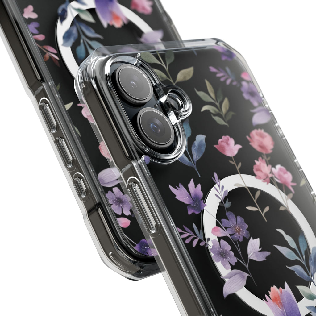 Clear Magnetic Phone Case – Floral Black MagSafe-Compatible Protective Cover