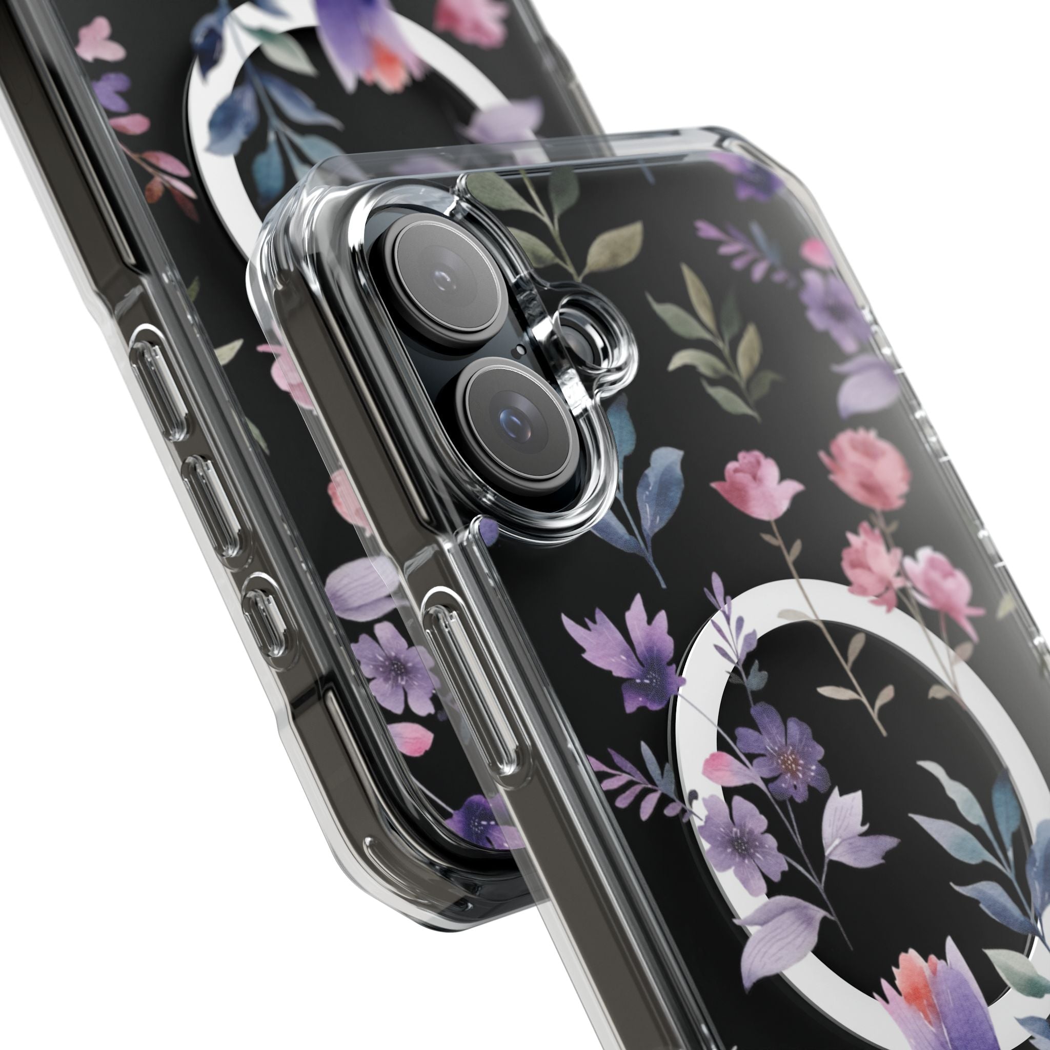 Clear Magnetic Phone Case – Floral Black MagSafe-Compatible Protective Cover