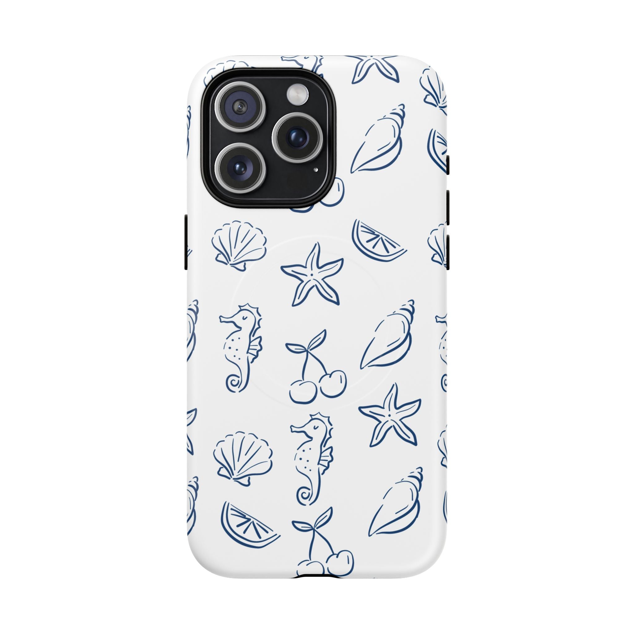 Nautical Sketch Magnetic Phone Case — Seahorse & Seashell Pattern