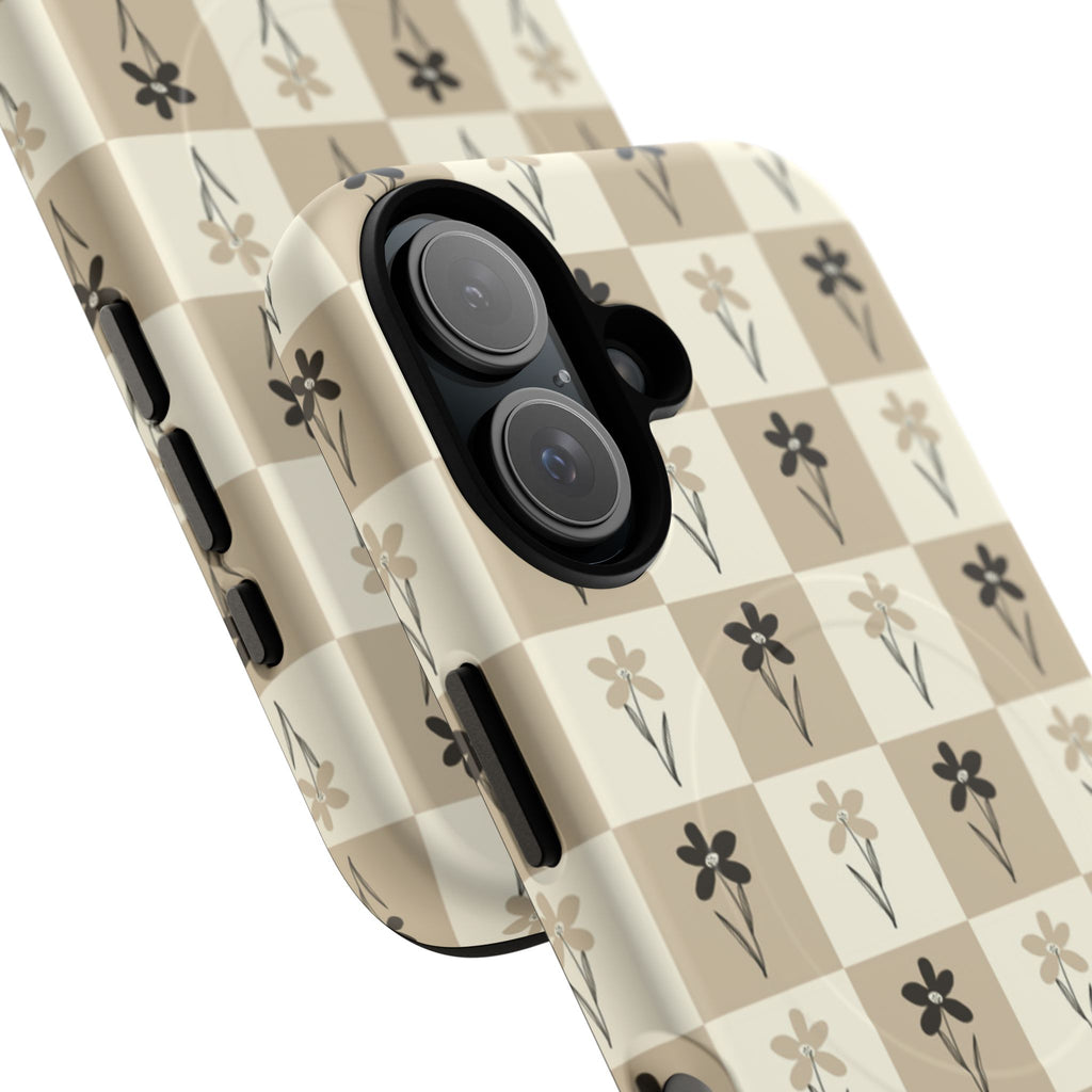 Floral Checkered Tough Magnetic Phone Case — Beige Vintage Flower Grid