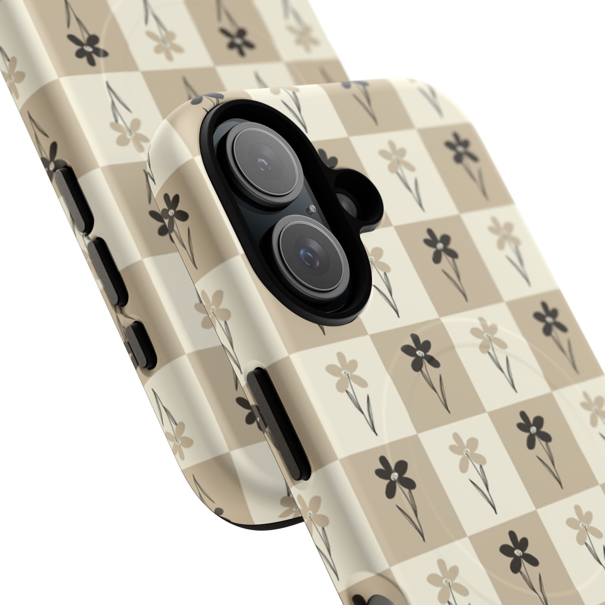 Floral Checkered Tough Magnetic Phone Case — Beige Vintage Flower Grid