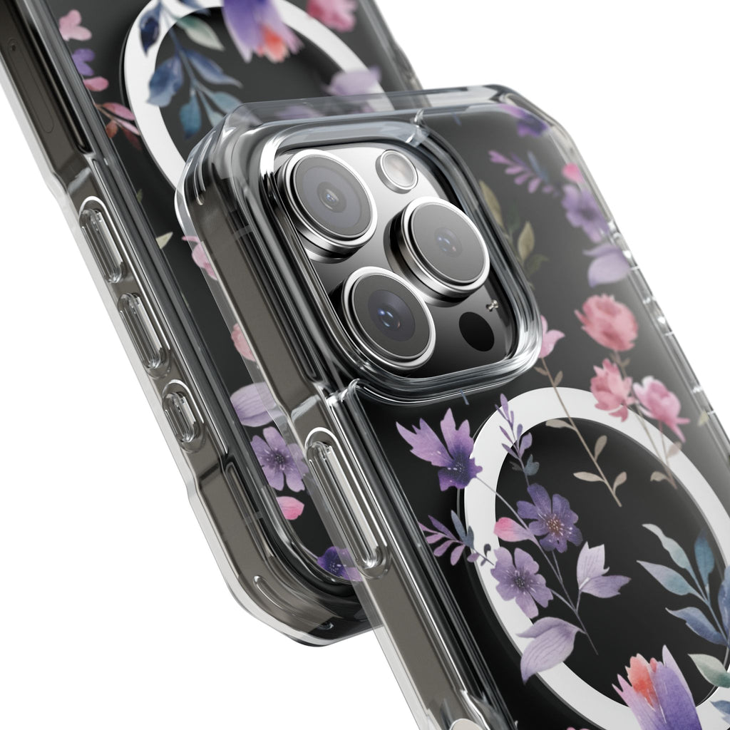 Clear Magnetic Phone Case – Floral Black MagSafe-Compatible Protective Cover