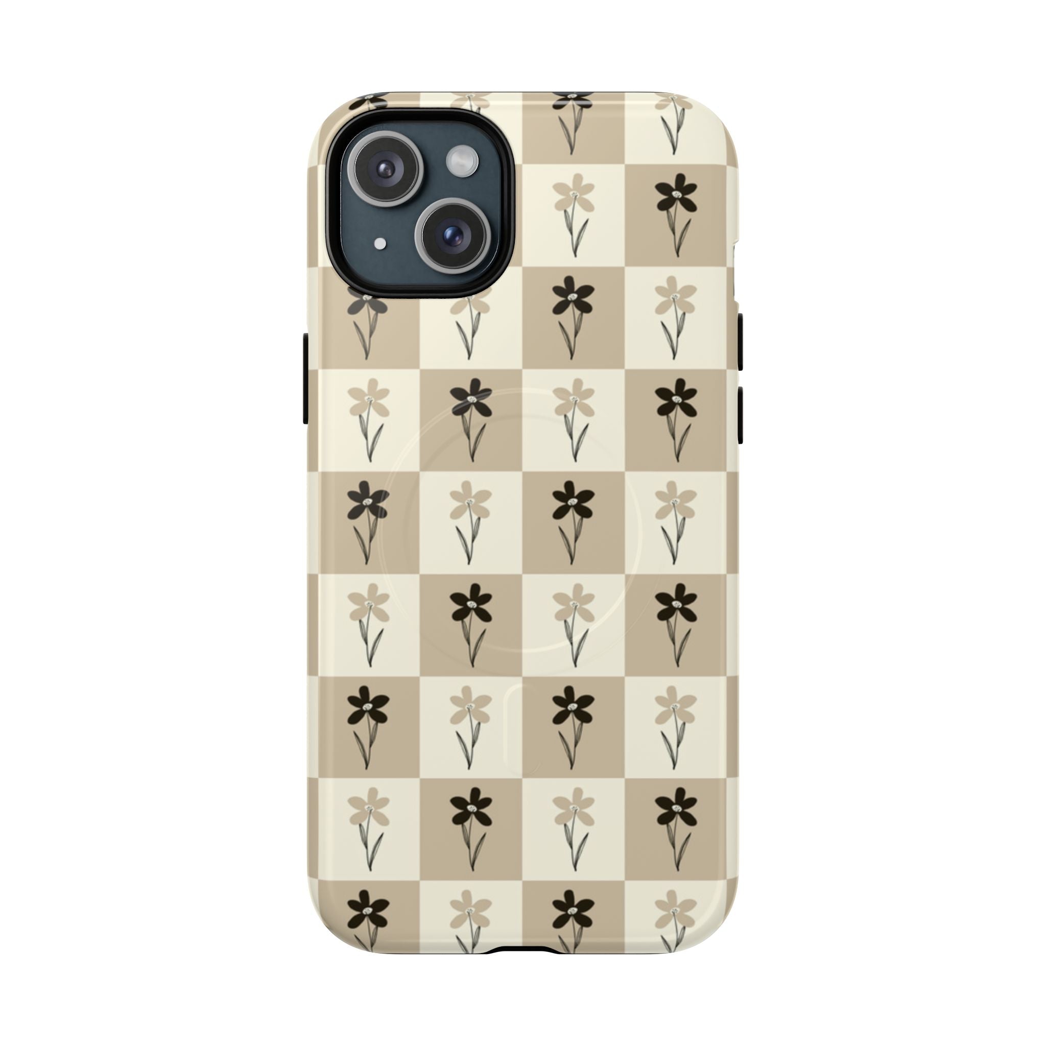 Floral Checkered Tough Magnetic Phone Case — Beige Vintage Flower Grid