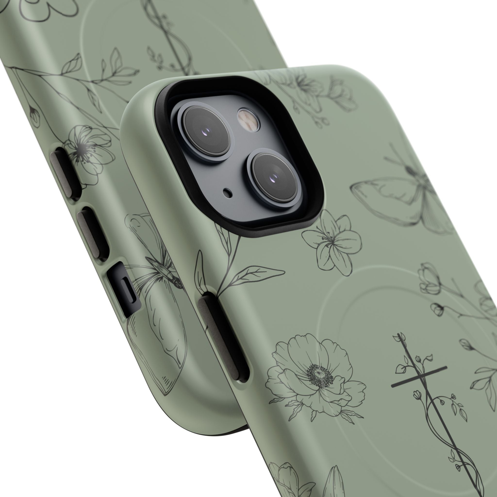 MagSafe phone case - sage green floral cross design