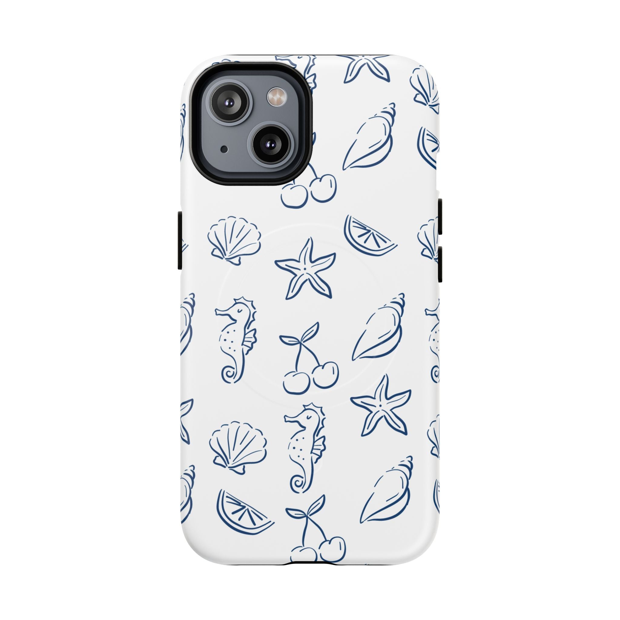 Nautical Sketch Magnetic Phone Case — Seahorse & Seashell Pattern