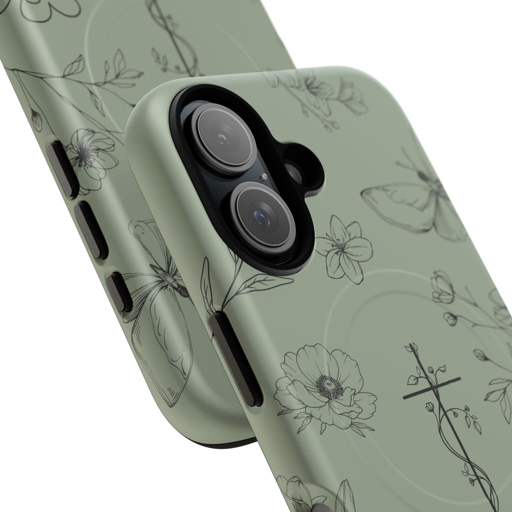 MagSafe phone case - sage green floral cross design