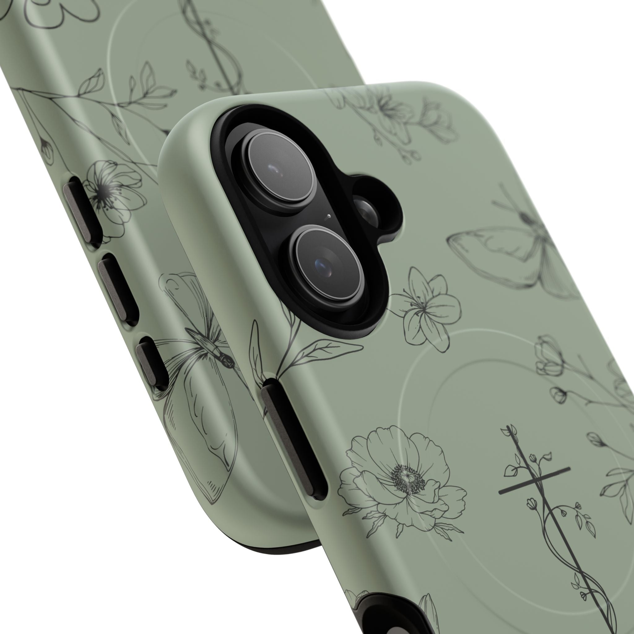 MagSafe phone case - sage green floral cross design