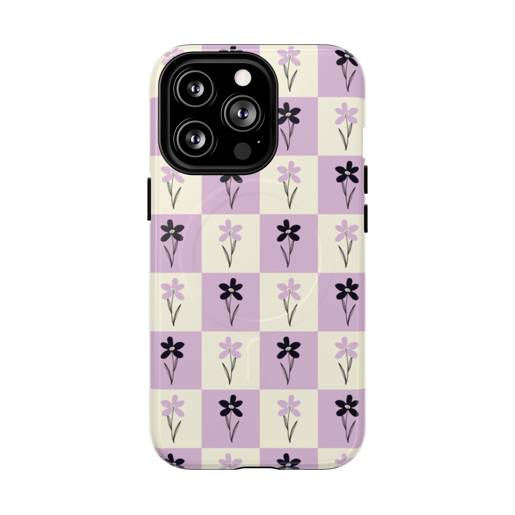 Floral Check Pattern Tough Magnetic Phone Case — Lavender Retro Grid