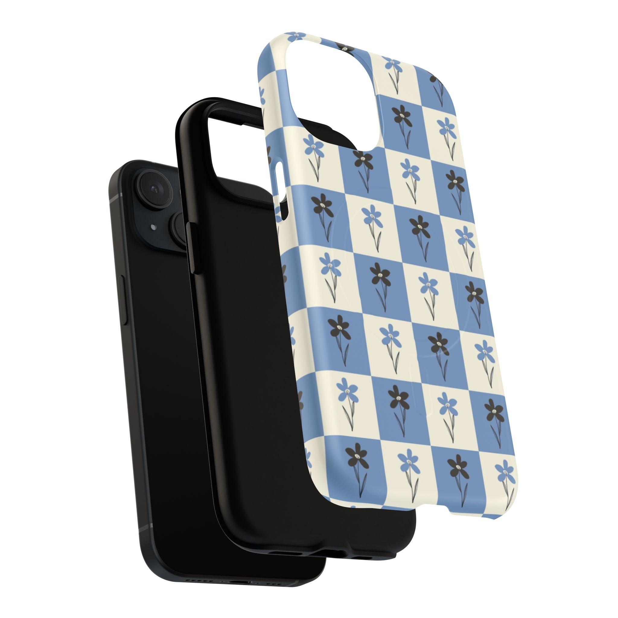 Floral Checkered Phone Case — Blue Vintage Flower Tough Magnetic Case