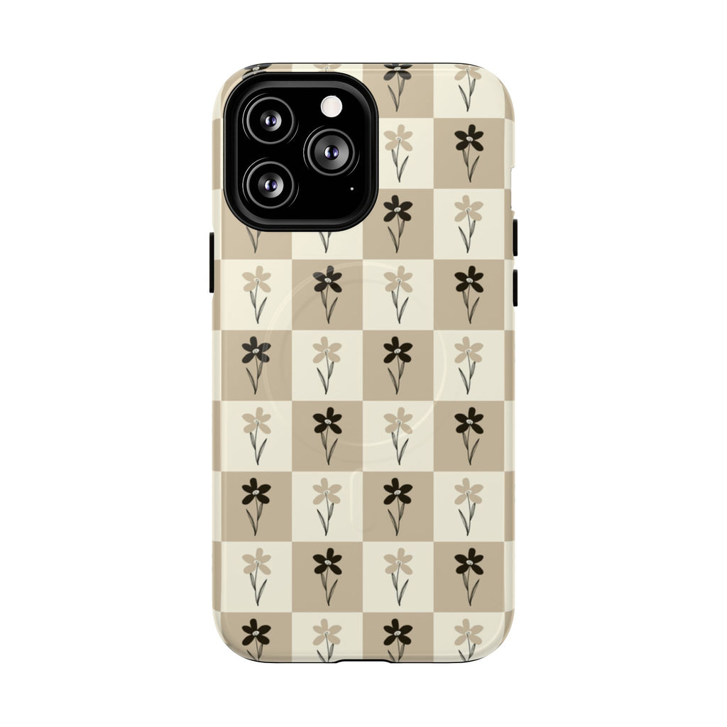 Floral Checkered Tough Magnetic Phone Case — Beige Vintage Flower Grid
