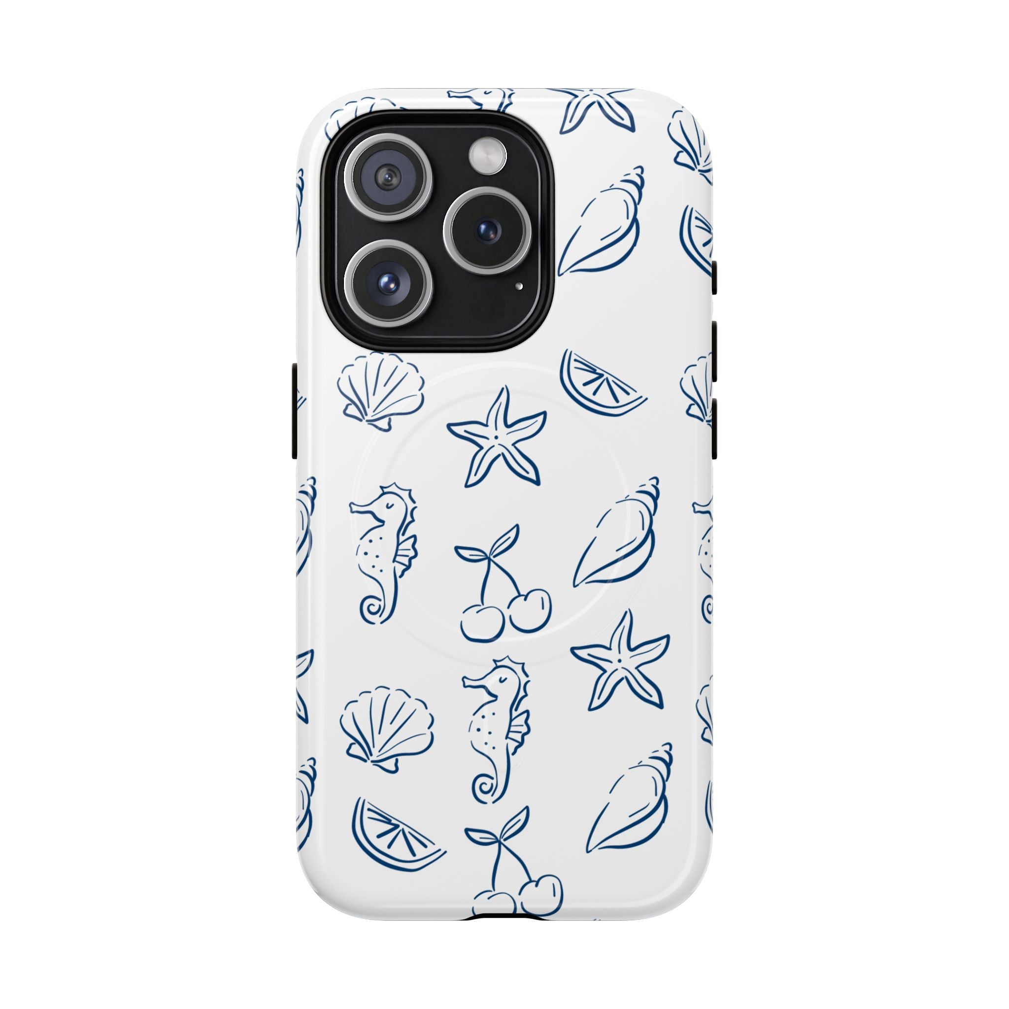 Nautical Sketch Magnetic Phone Case — Seahorse & Seashell Pattern