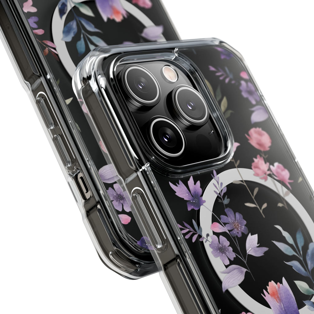 Clear Magnetic Phone Case – Floral Black MagSafe-Compatible Protective Cover