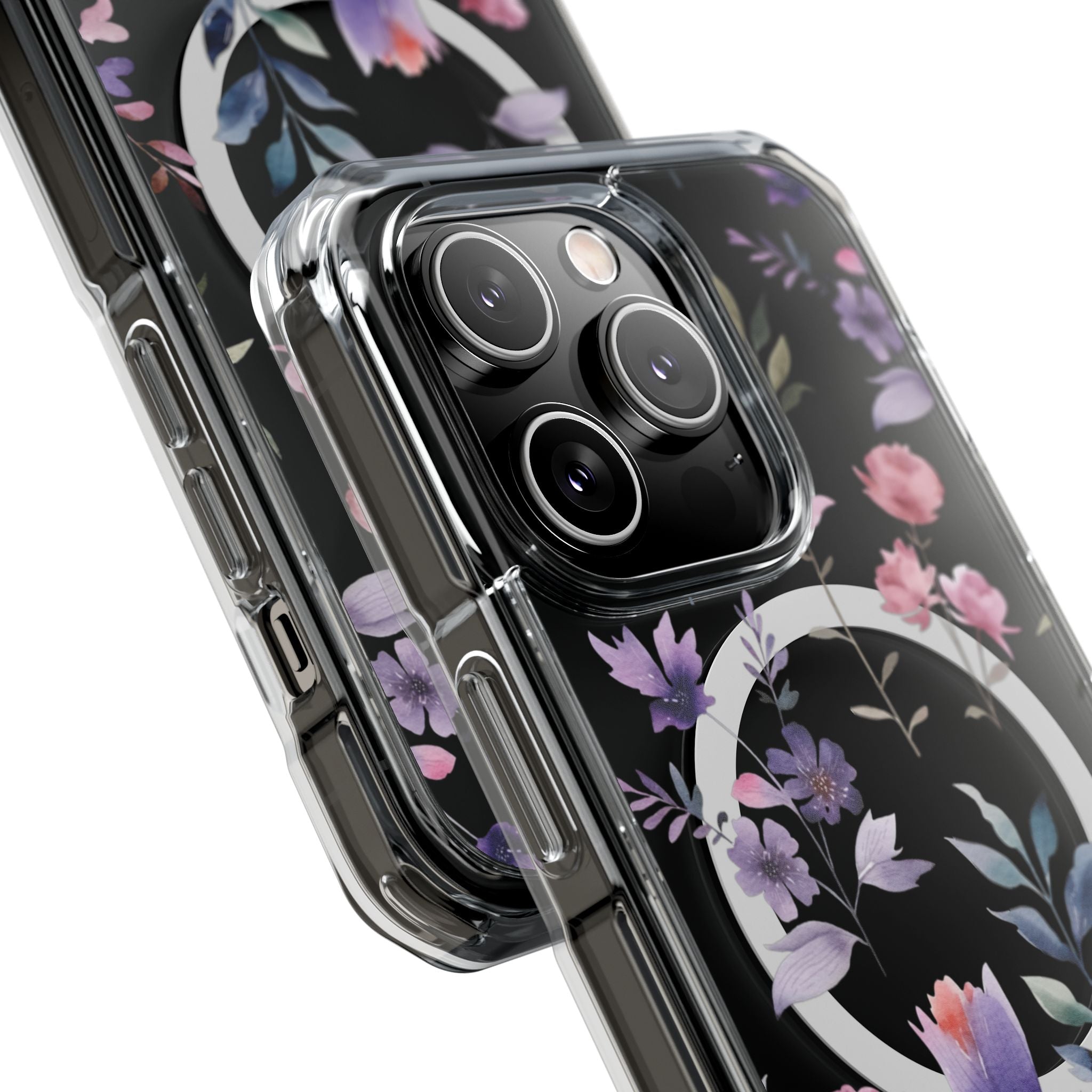 Clear Magnetic Phone Case – Floral Black MagSafe-Compatible Protective Cover