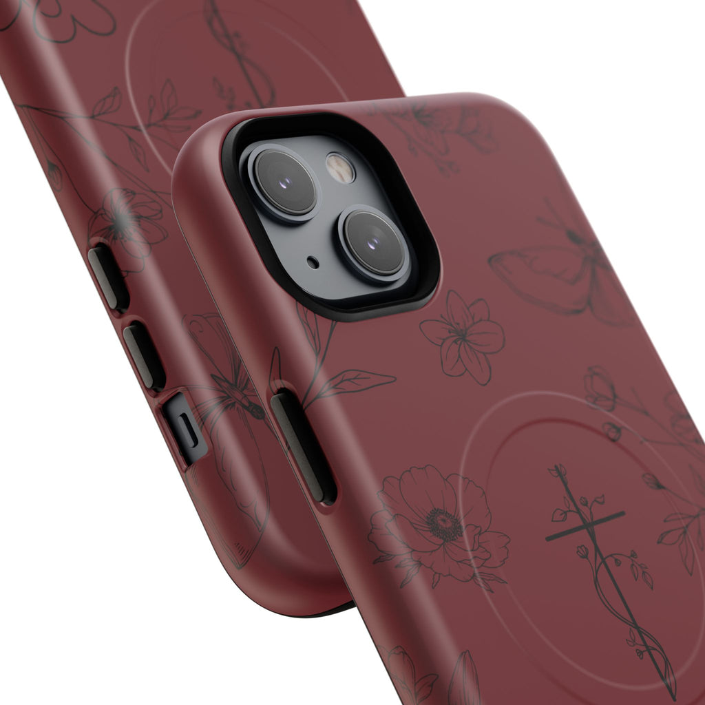 Floral Cross Tough Magnetic Phone Case — Burgundy Protective Cover