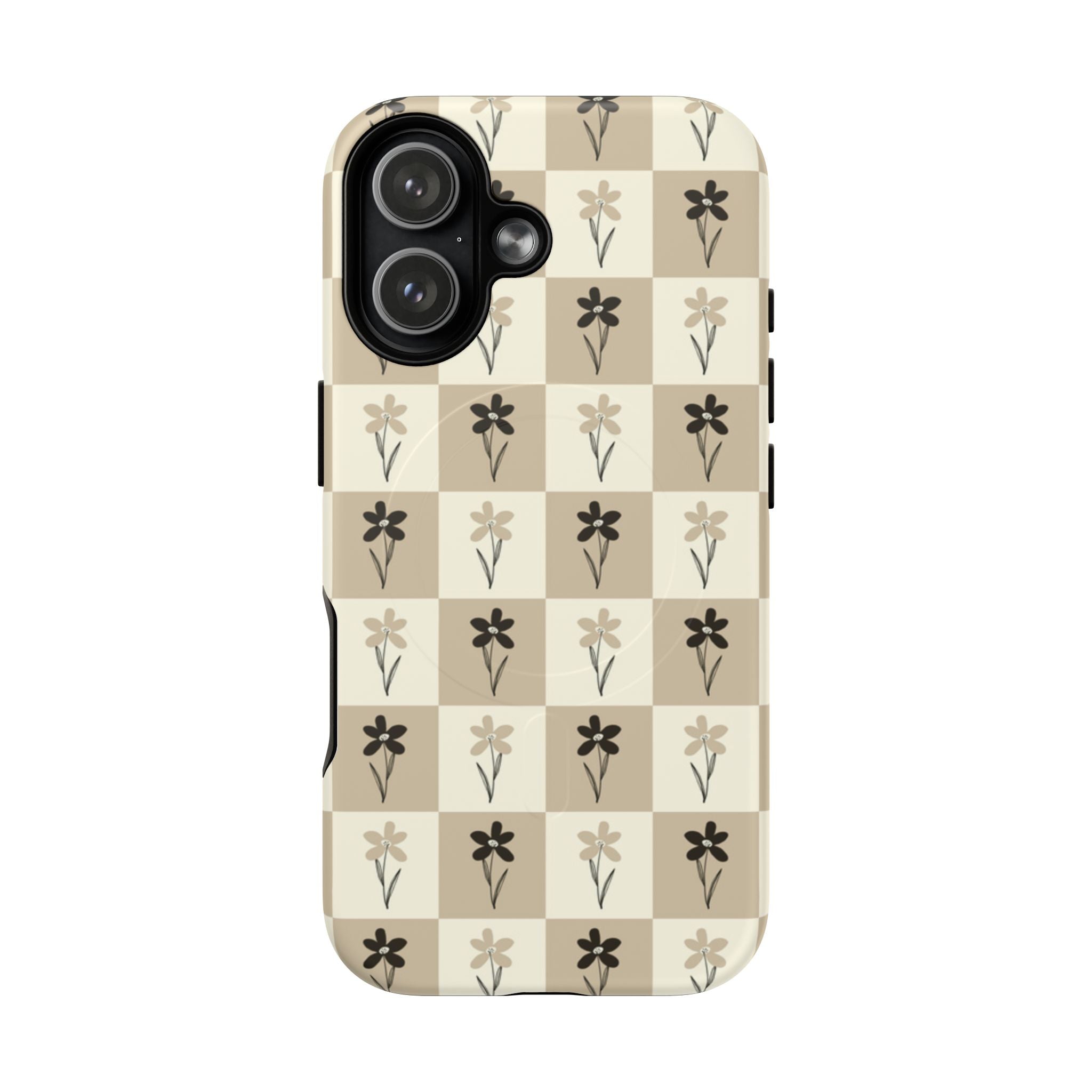 Floral Checkered Tough Magnetic Phone Case — Beige Vintage Flower Grid