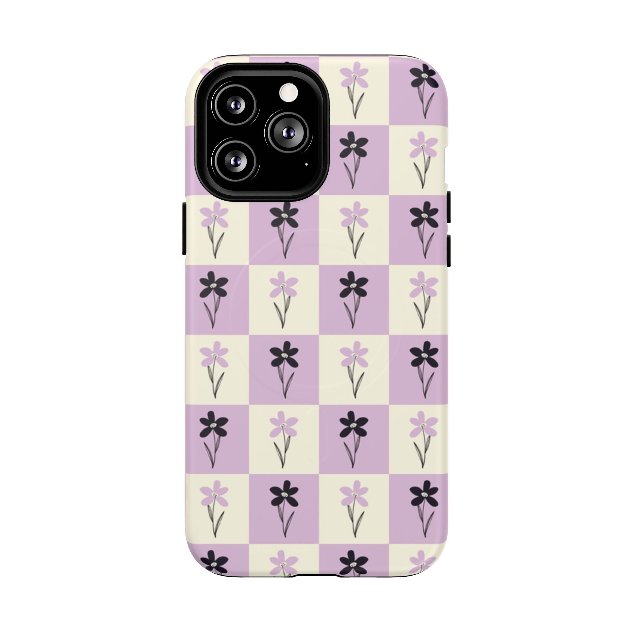 Floral Check Pattern Tough Magnetic Phone Case — Lavender Retro Grid