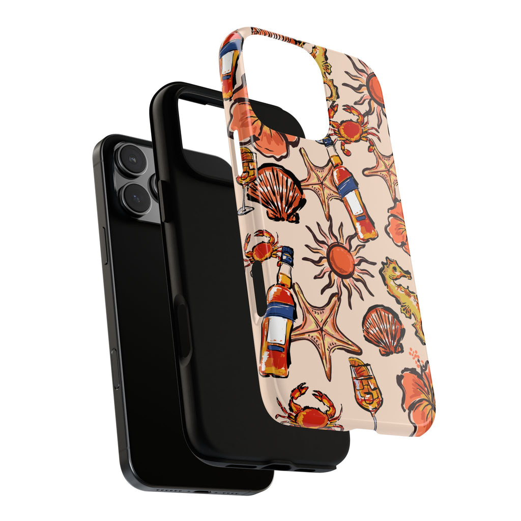 Tropical Beach Phone Case — Hibiscus, Seashells & Cocktail Pattern