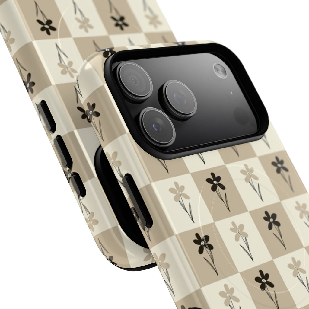 Floral Checkered Tough Magnetic Phone Case — Beige Vintage Flower Grid