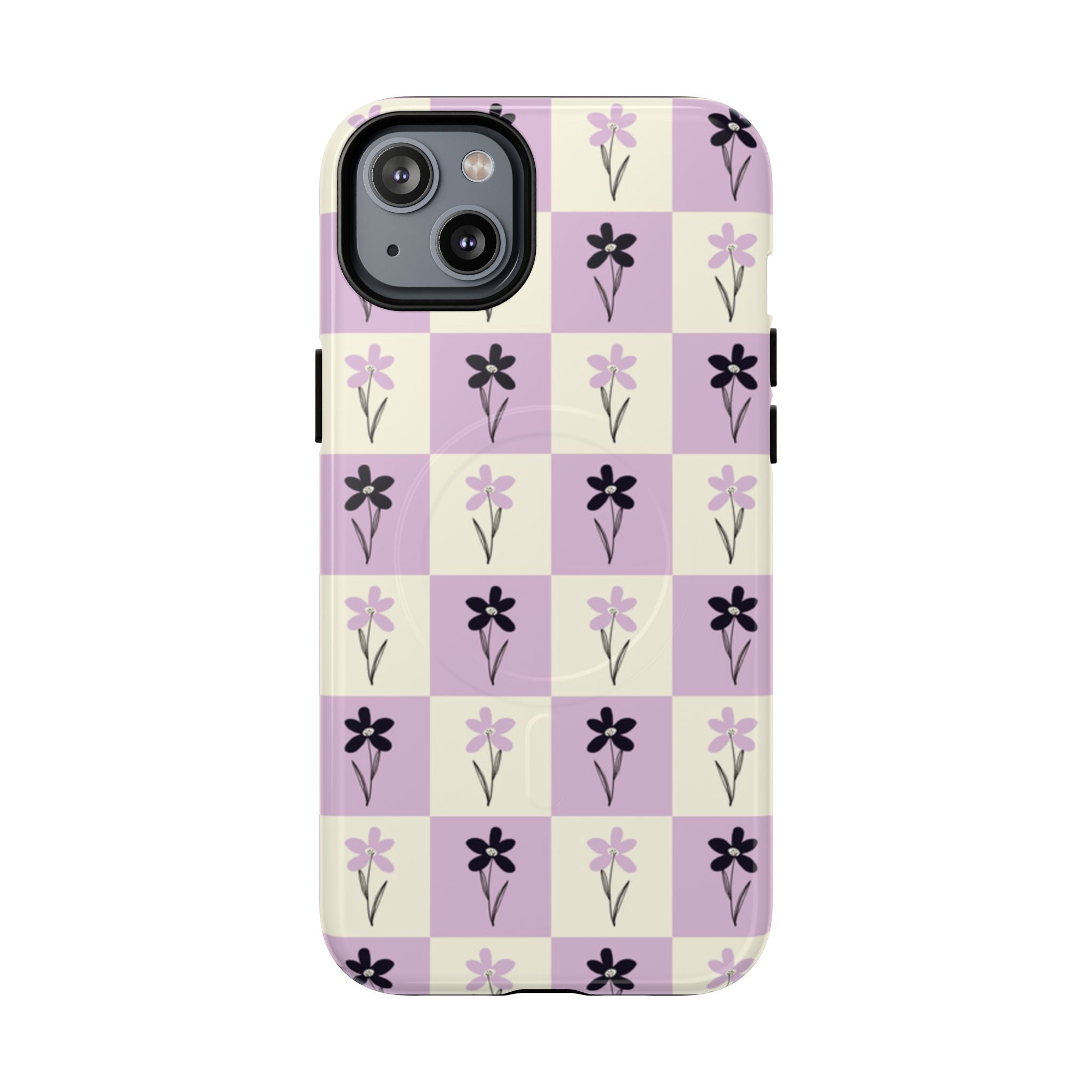 Floral Check Pattern Tough Magnetic Phone Case — Lavender Retro Grid
