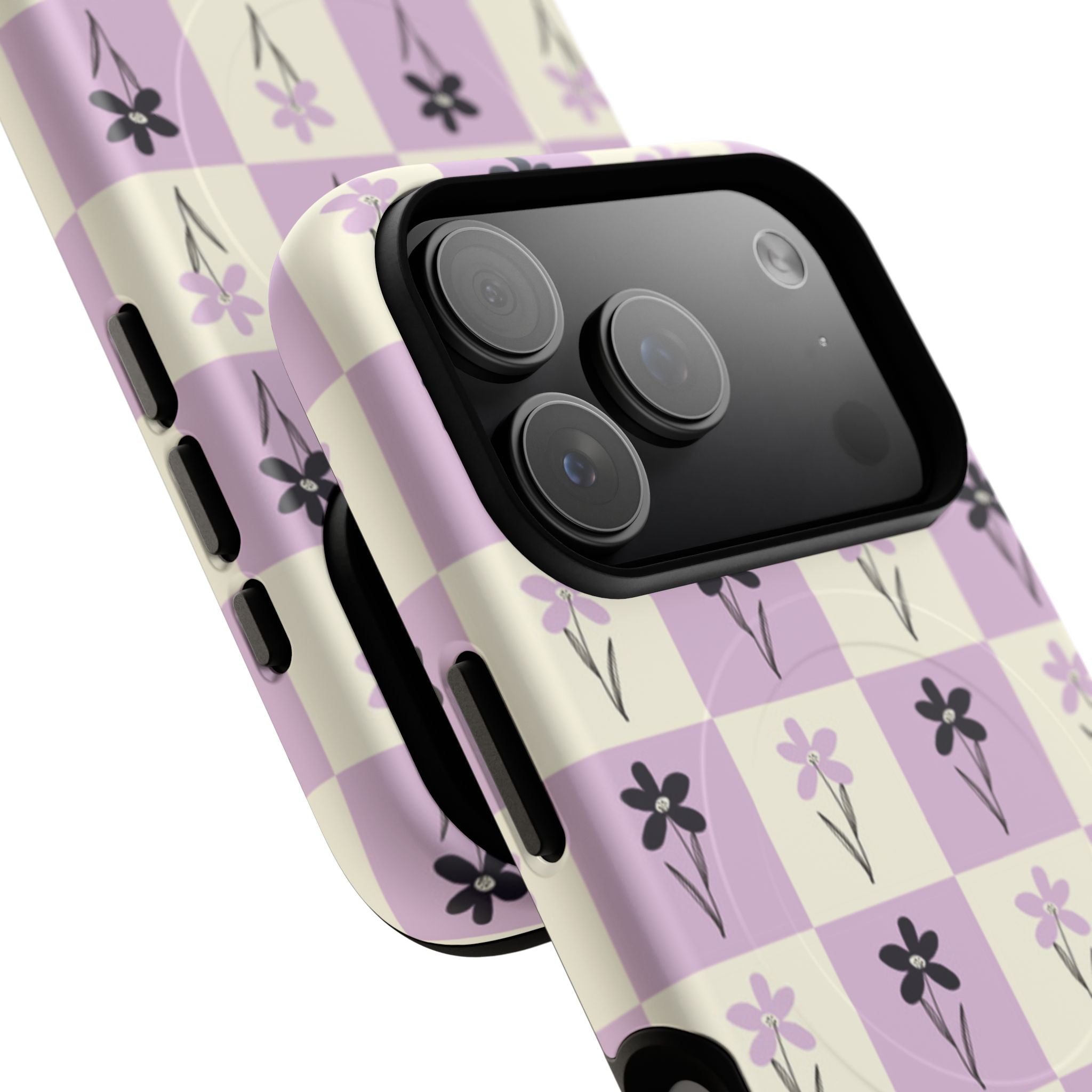 Floral Check Pattern Tough Magnetic Phone Case — Lavender Retro Grid