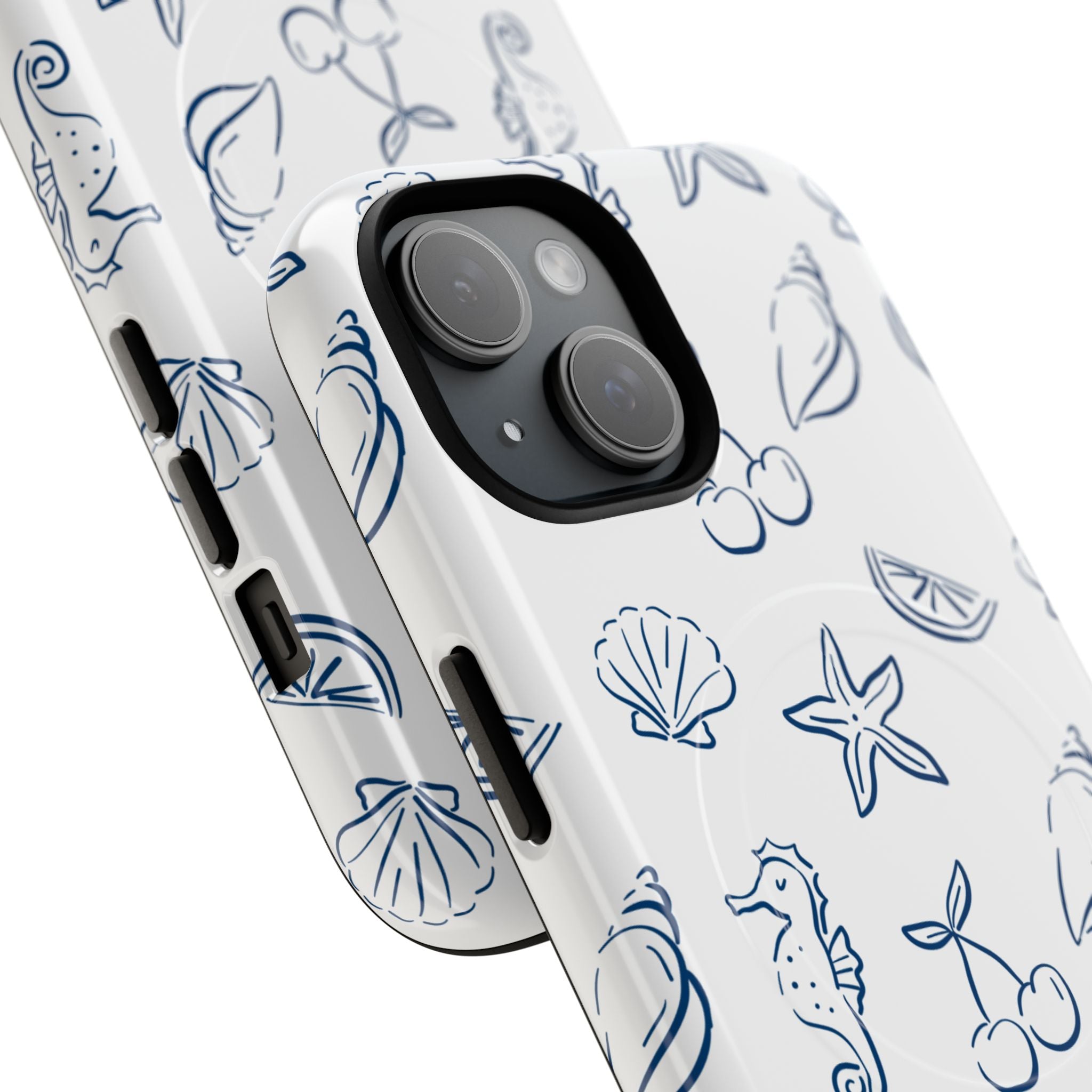 Nautical Sketch Magnetic Phone Case — Seahorse & Seashell Pattern