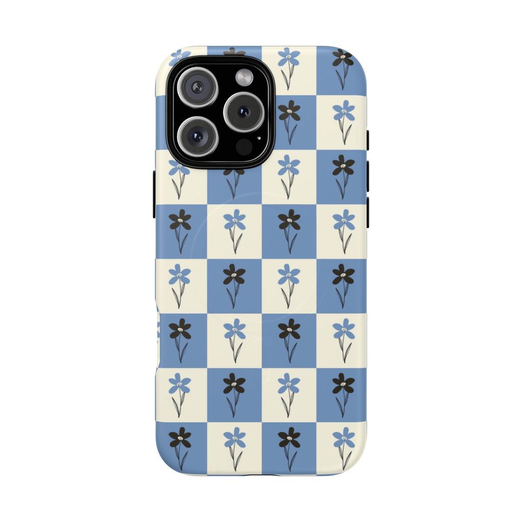 Floral Checkered Phone Case — Blue Vintage Flower Tough Magnetic Case