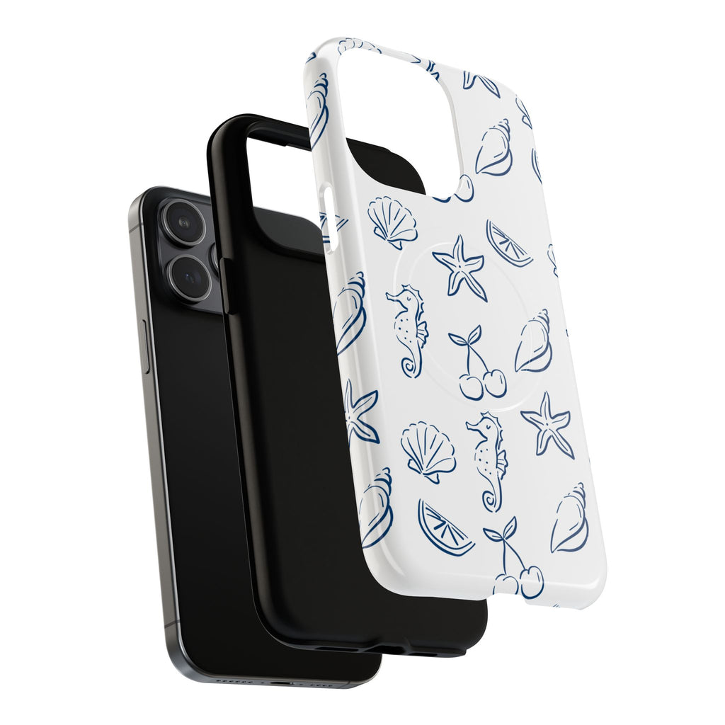 Nautical Sketch Magnetic Phone Case — Seahorse & Seashell Pattern