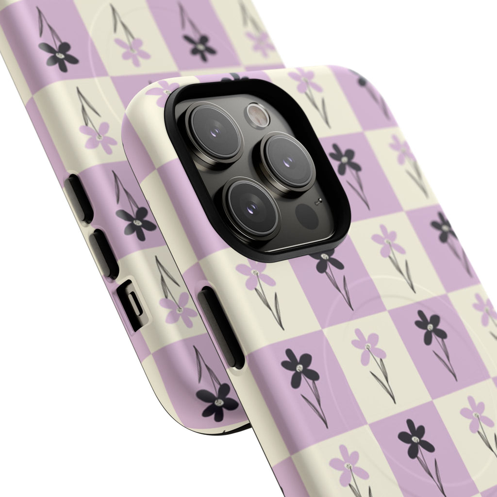 Floral Check Pattern Tough Magnetic Phone Case — Lavender Retro Grid
