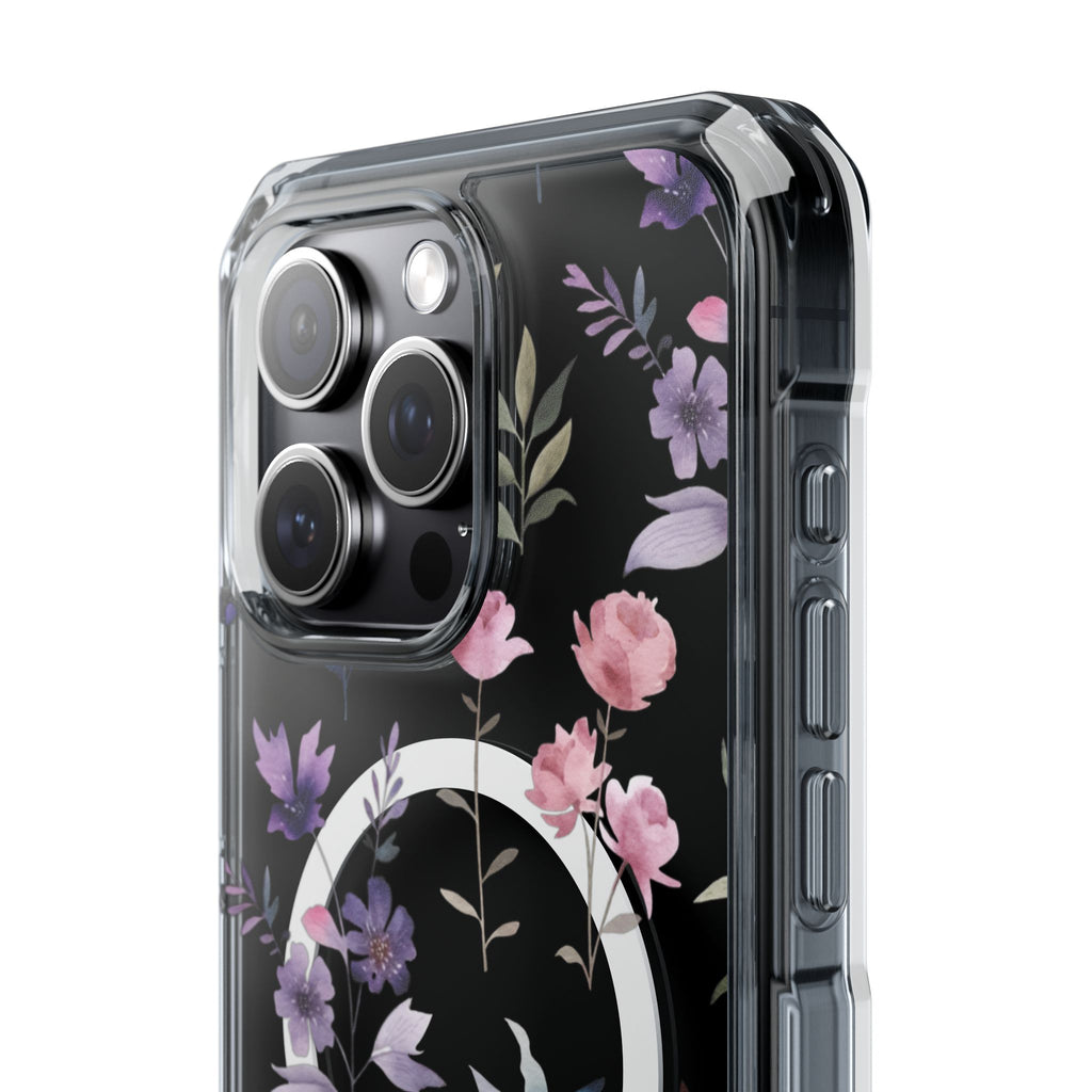 Clear Magnetic Phone Case – Floral Black MagSafe-Compatible Protective Cover
