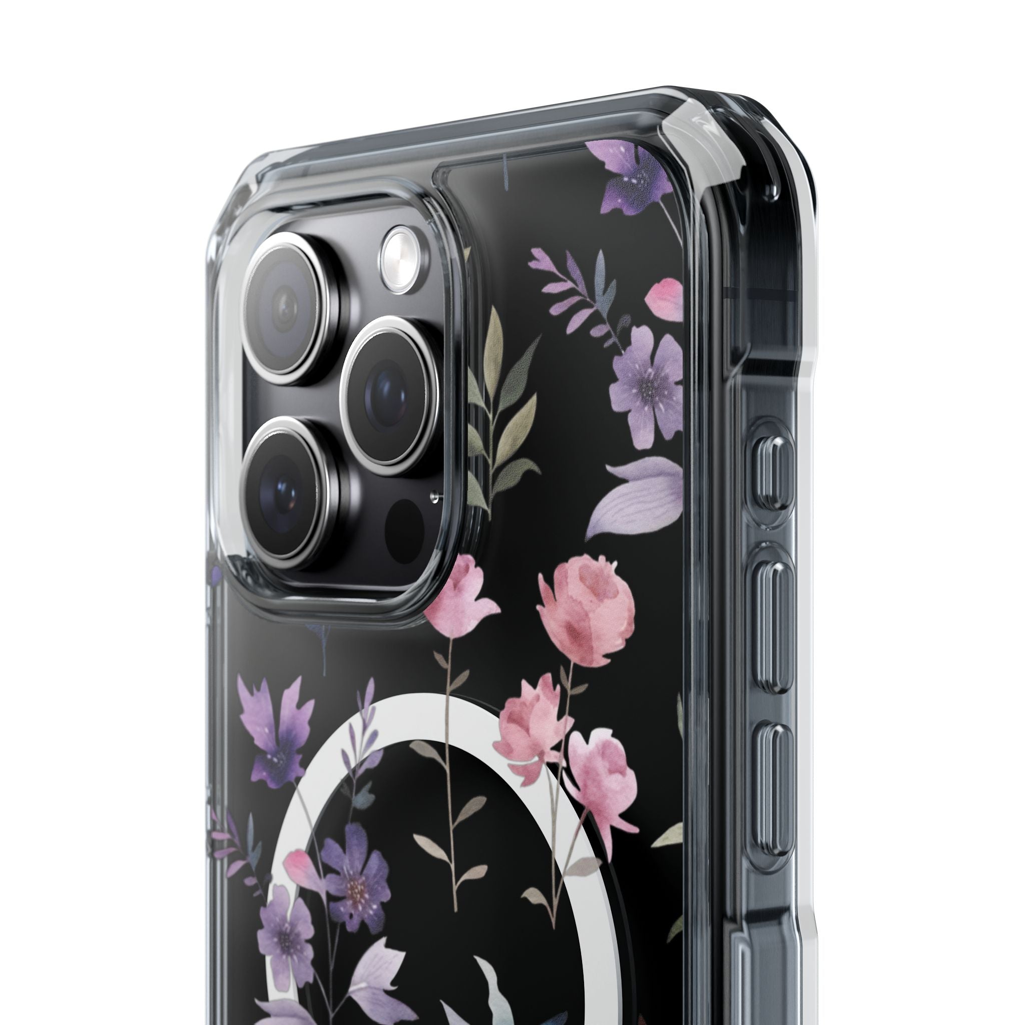Clear Magnetic Phone Case – Floral Black MagSafe-Compatible Protective Cover