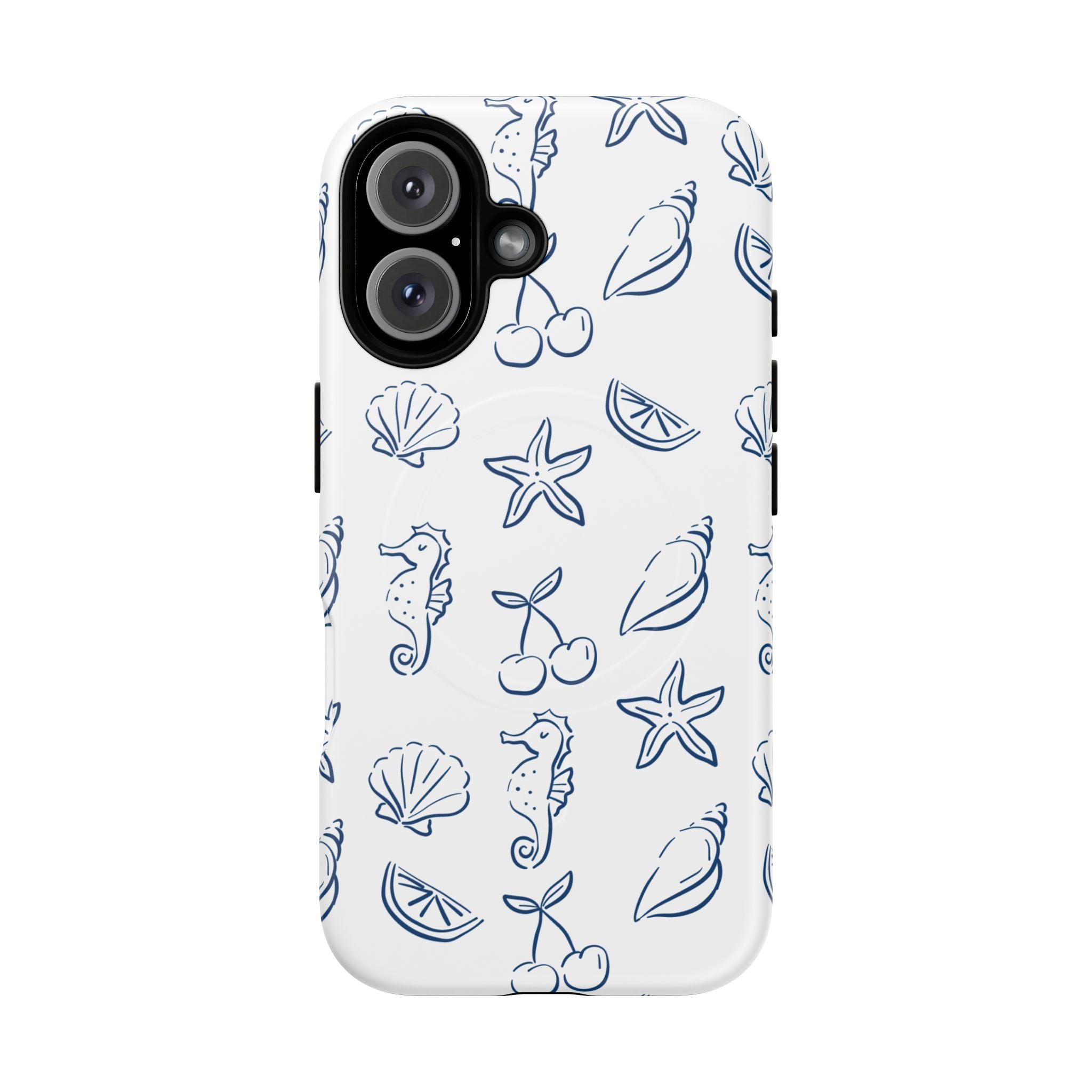 Nautical Sketch Magnetic Phone Case — Seahorse & Seashell Pattern