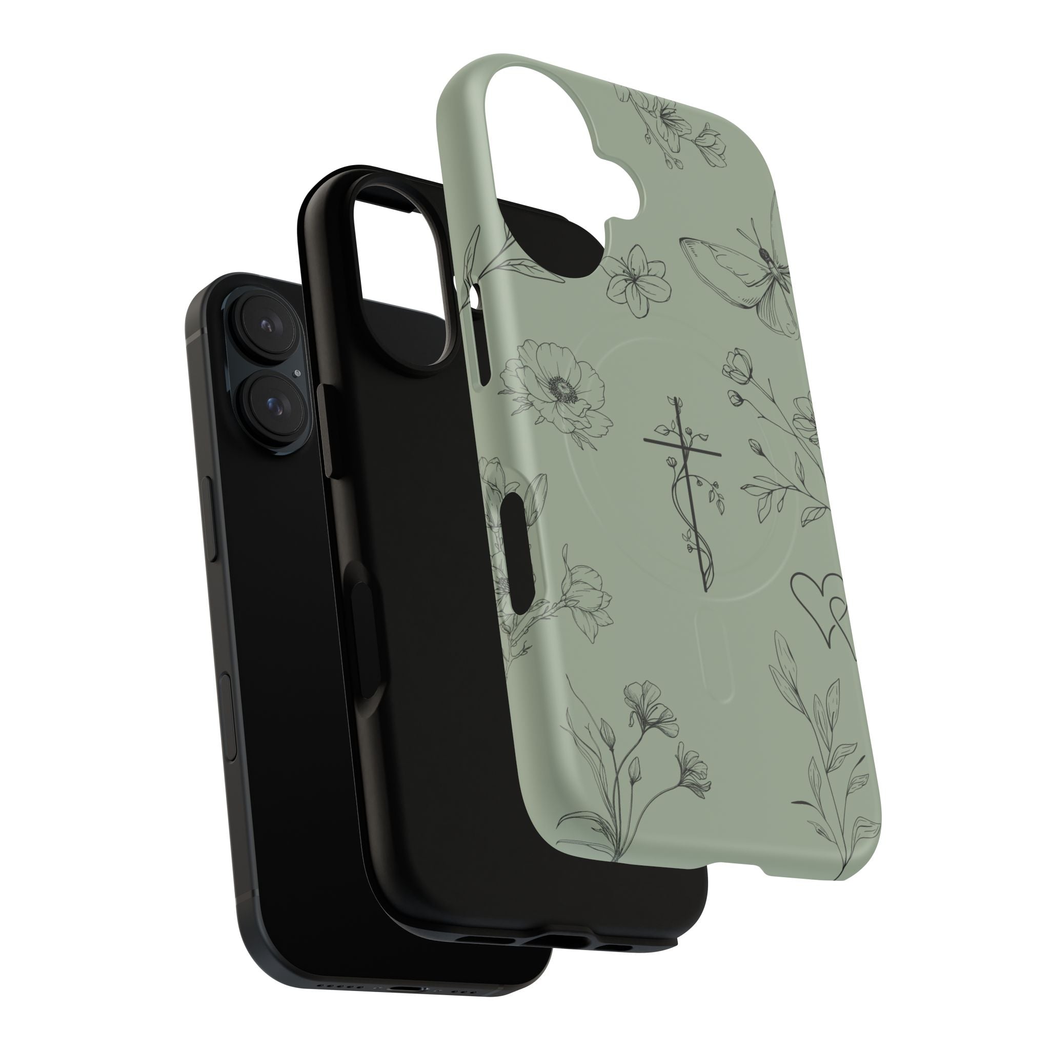 MagSafe phone case - sage green floral cross design